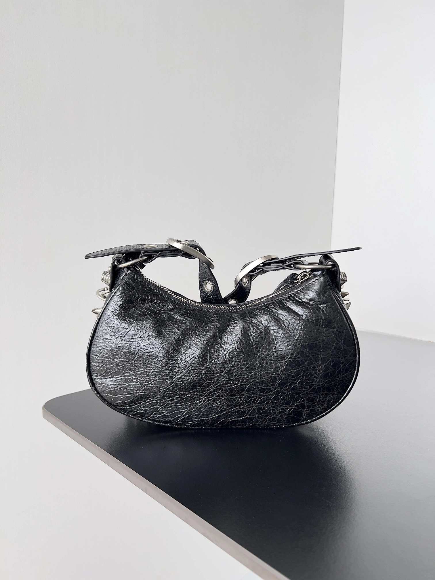 Stretchable Balenciaga Le Cagole Perforated Stud Half-Moon Handbag with Adjustable Strap 64707