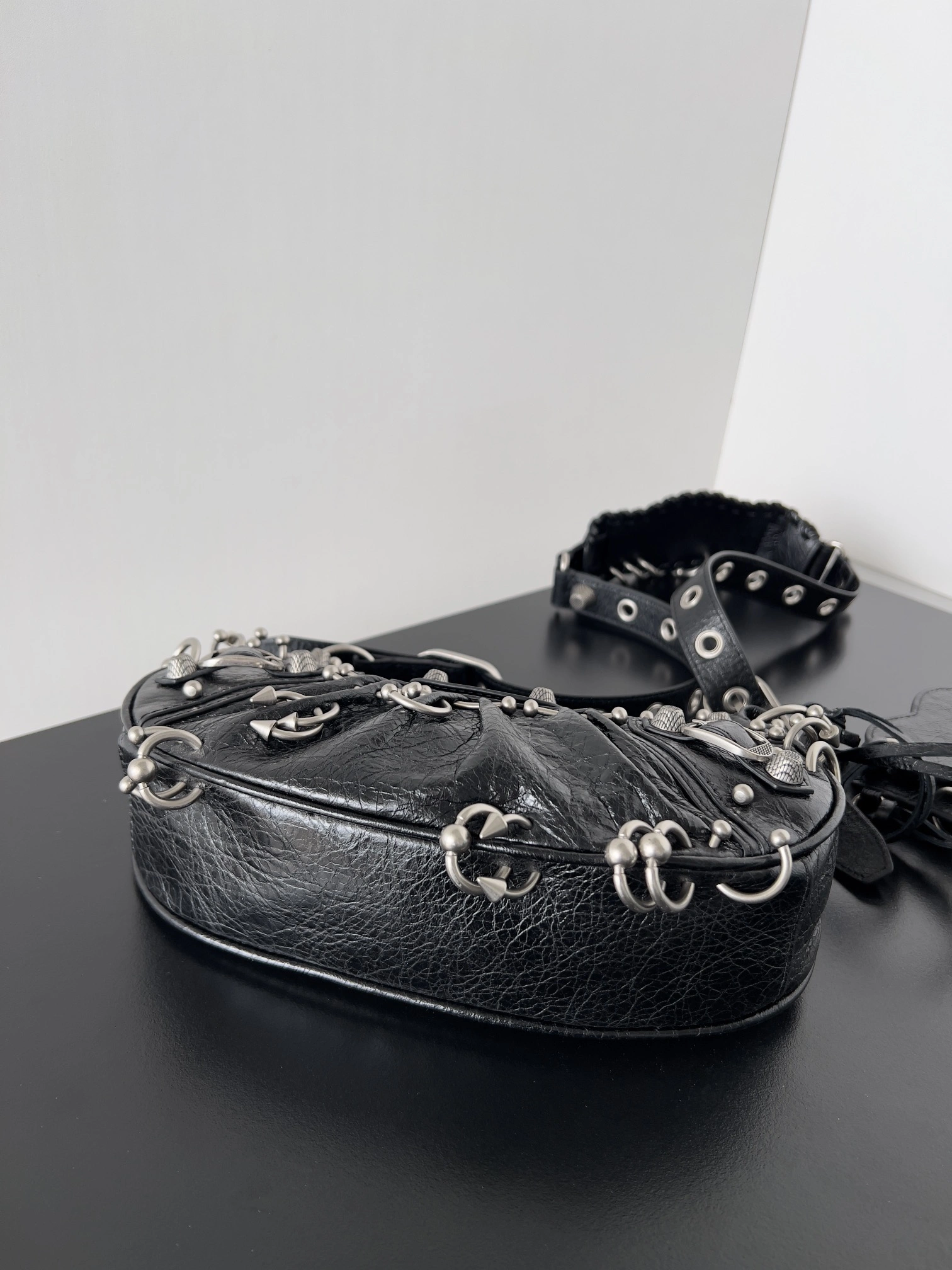 Stretchable Balenciaga Le Cagole Perforated Stud Half-Moon Handbag with Adjustable Strap 64707
