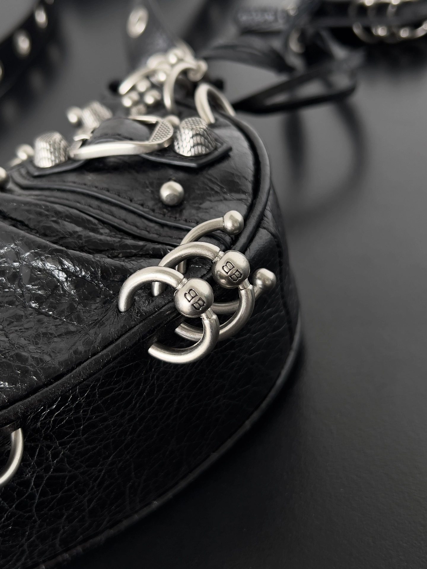 Stretchable Balenciaga Le Cagole Perforated Stud Half-Moon Handbag with Adjustable Strap 64707