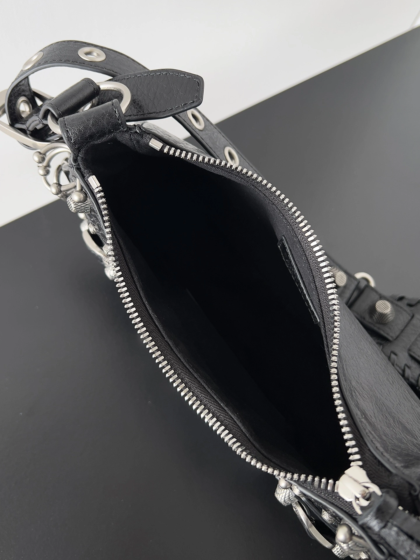 Stretchable Balenciaga Le Cagole Perforated Stud Half-Moon Handbag with Adjustable Strap 64707
