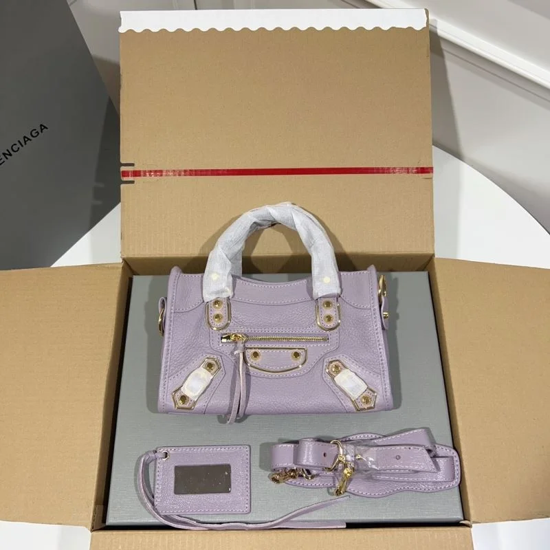 Trendsetting Balenciaga Luxury Purple Goat Leather Motorcycle Bag with Gold Buckle 38291