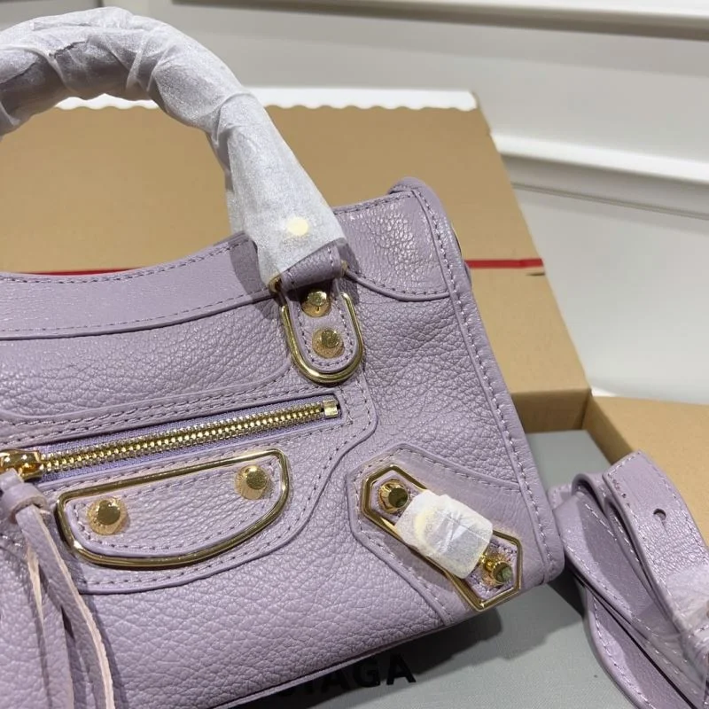 Trendsetting Balenciaga Luxury Purple Goat Leather Motorcycle Bag with Gold Buckle 38291