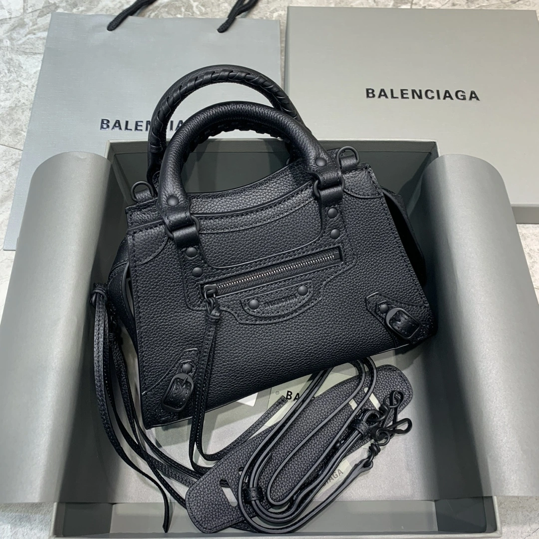Vibrant Balenciaga Lychee Noir Neo  Motorcycle Handbag - Small Size 64706
