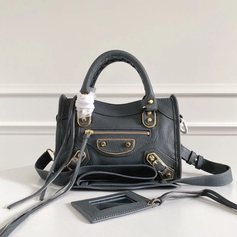 Balenciaga Mini Goat Leather Motorcycle Bag with Gold Buckle - Gray-Blue BestValue 38297