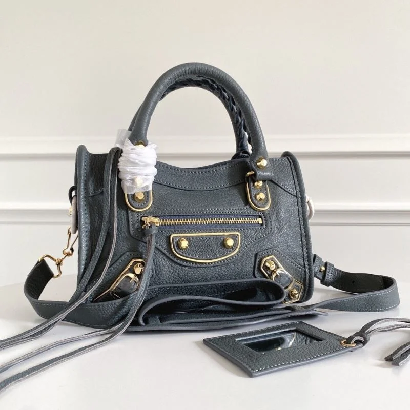 Balenciaga Mini Goat Leather Motorcycle Bag with Gold Buckle - Gray-Blue BestValue 38297
