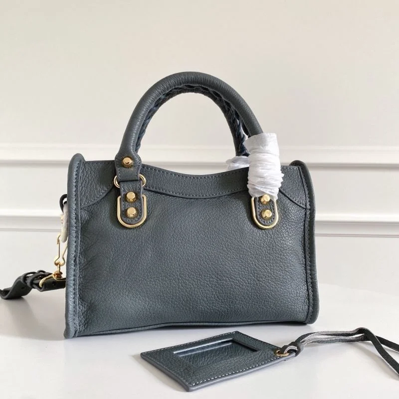 Balenciaga Mini Goat Leather Motorcycle Bag with Gold Buckle - Gray-Blue BestValue 38297