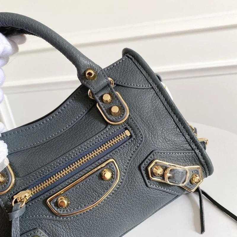 Balenciaga Mini Goat Leather Motorcycle Bag with Gold Buckle - Gray-Blue BestValue 38297