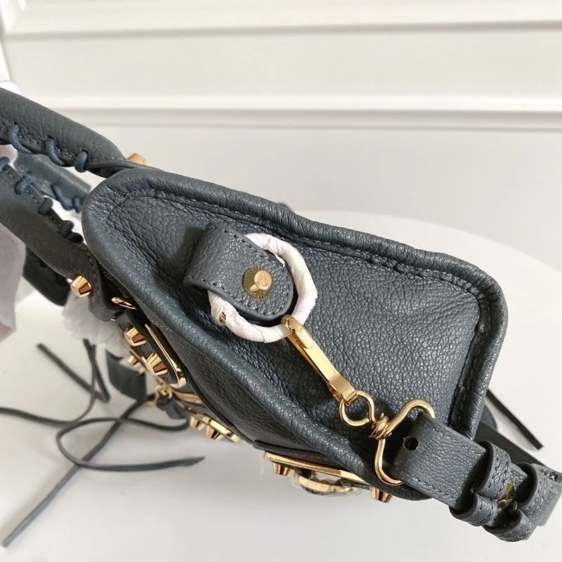 Balenciaga Mini Goat Leather Motorcycle Bag with Gold Buckle - Gray-Blue BestValue 38297