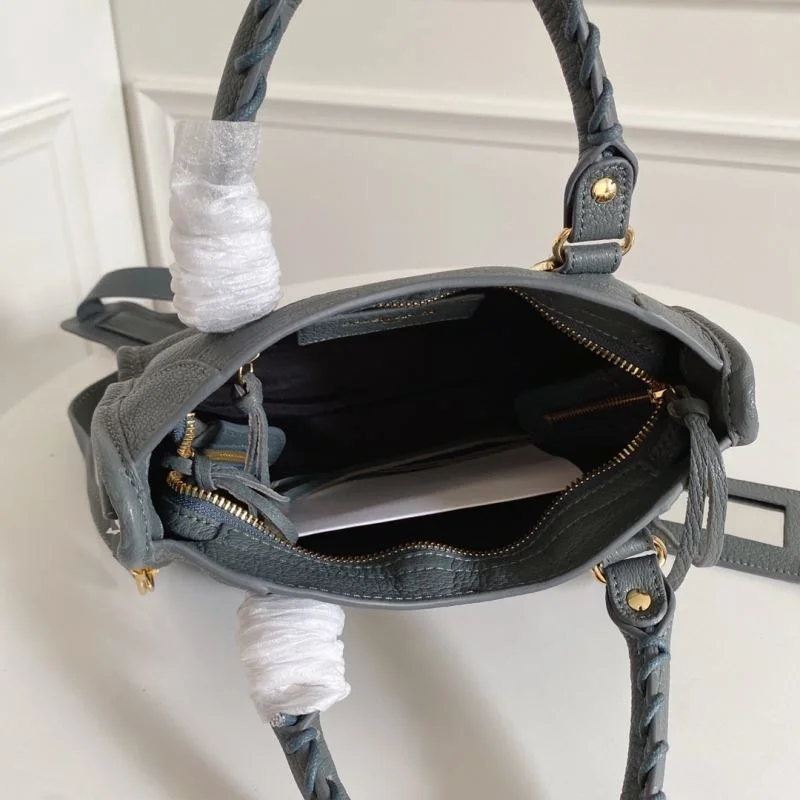 Balenciaga Mini Goat Leather Motorcycle Bag with Gold Buckle - Gray-Blue BestValue 38297