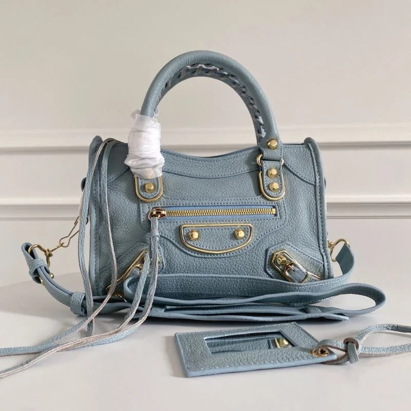 SmoothTexture Balenciaga Mini Goatskin Motorcycle Bag with Gold Buckle - Water Blue 38311