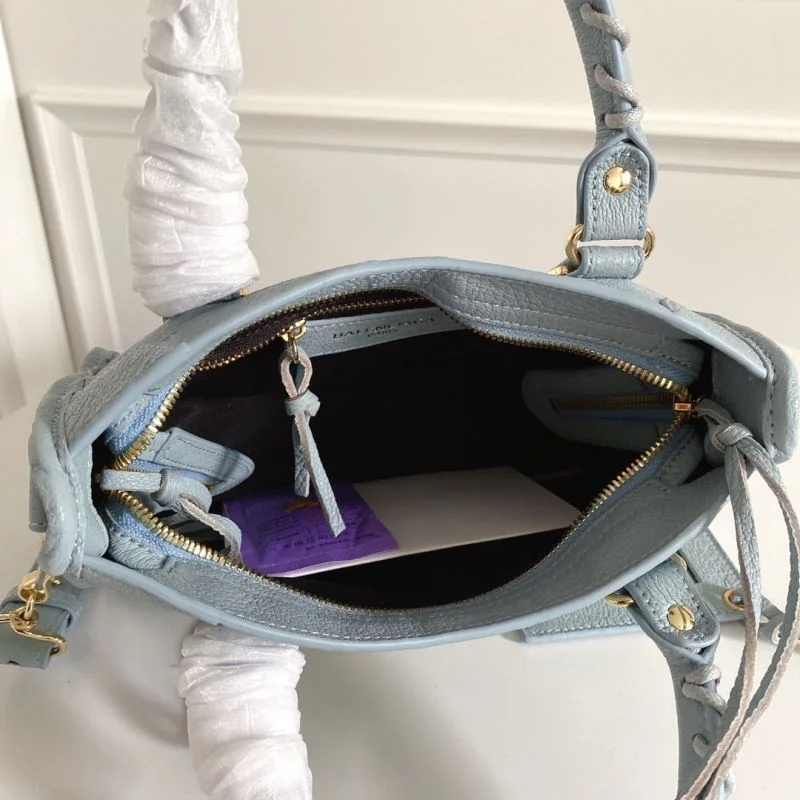 SmoothTexture Balenciaga Mini Goatskin Motorcycle Bag with Gold Buckle - Water Blue 38311