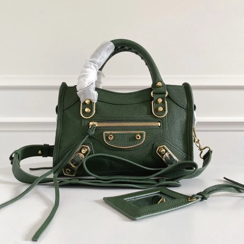Bold Balenciaga Mini Olive Green Goat Leather Motorcycle Bag with Gold Buckle 38369
