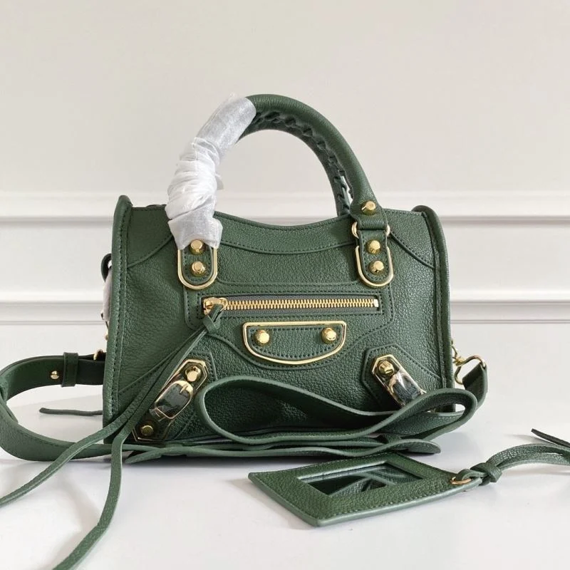 Bold Balenciaga Mini Olive Green Goat Leather Motorcycle Bag with Gold Buckle 38369