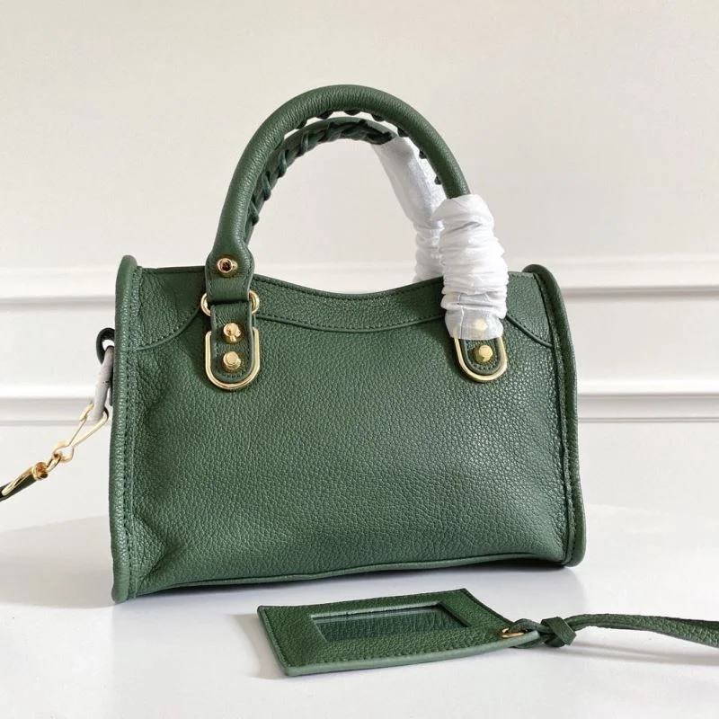 Bold Balenciaga Mini Olive Green Goat Leather Motorcycle Bag with Gold Buckle 38369
