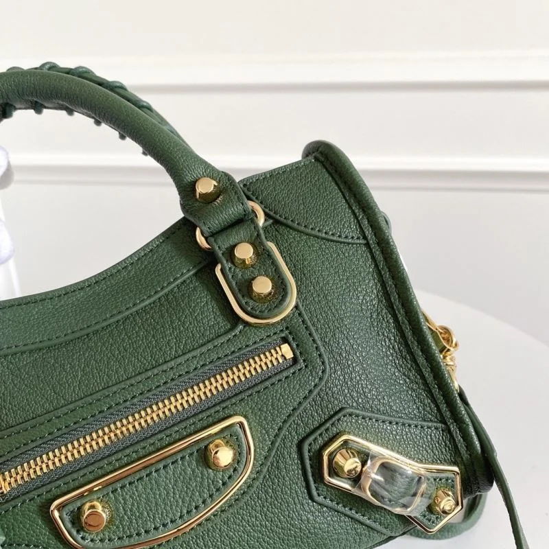 Bold Balenciaga Mini Olive Green Goat Leather Motorcycle Bag with Gold Buckle 38369