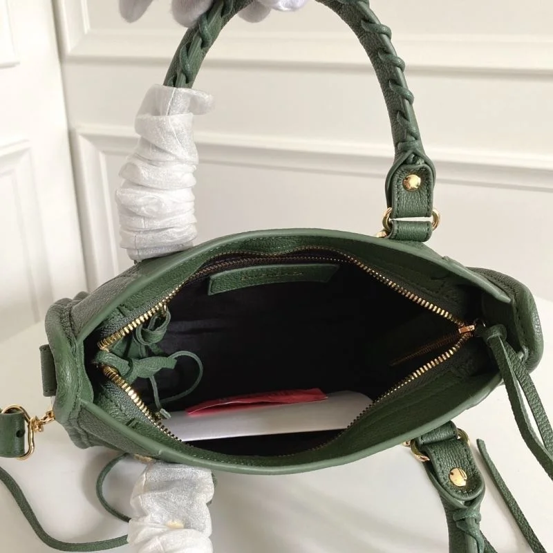 Bold Balenciaga Mini Olive Green Goat Leather Motorcycle Bag with Gold Buckle 38369