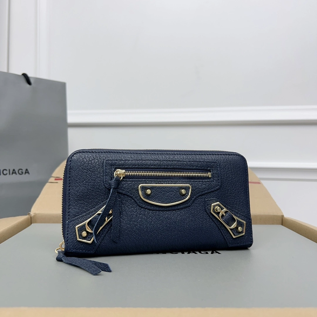 Balenciaga Navy Blue Vintage Leather Biker Wallet with Card Holder Supportive 60898