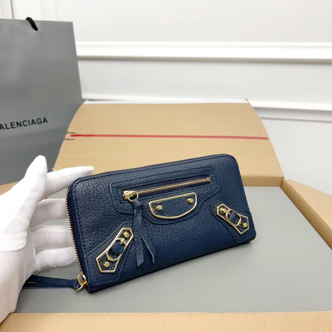 Balenciaga Navy Blue Vintage Leather Biker Wallet with Card Holder Supportive 60898