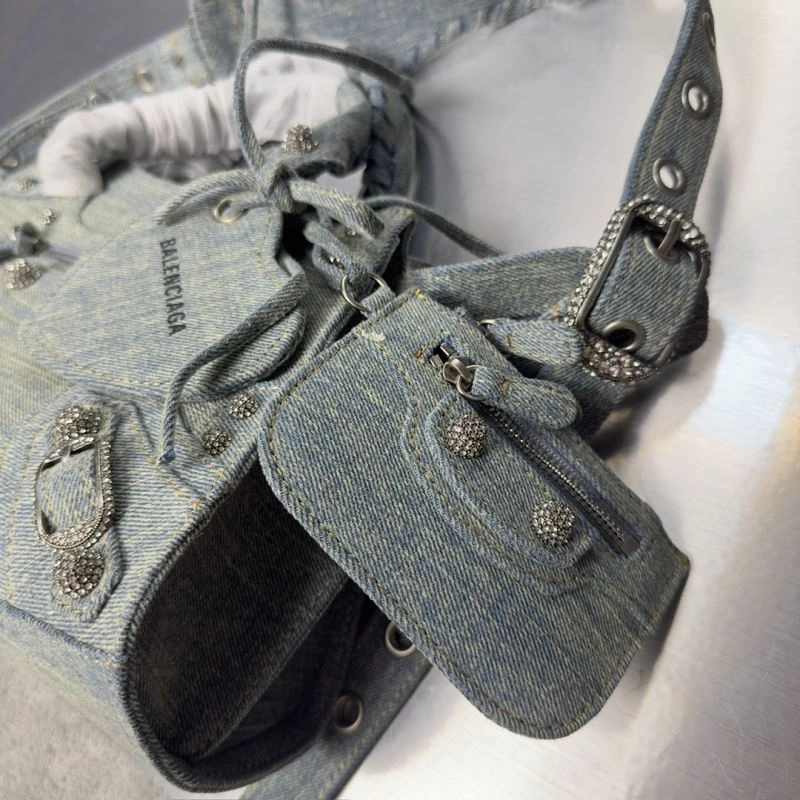 Balenciaga Neo Cagole Distressed Denim Motorcycle Bag Minimalist 72677