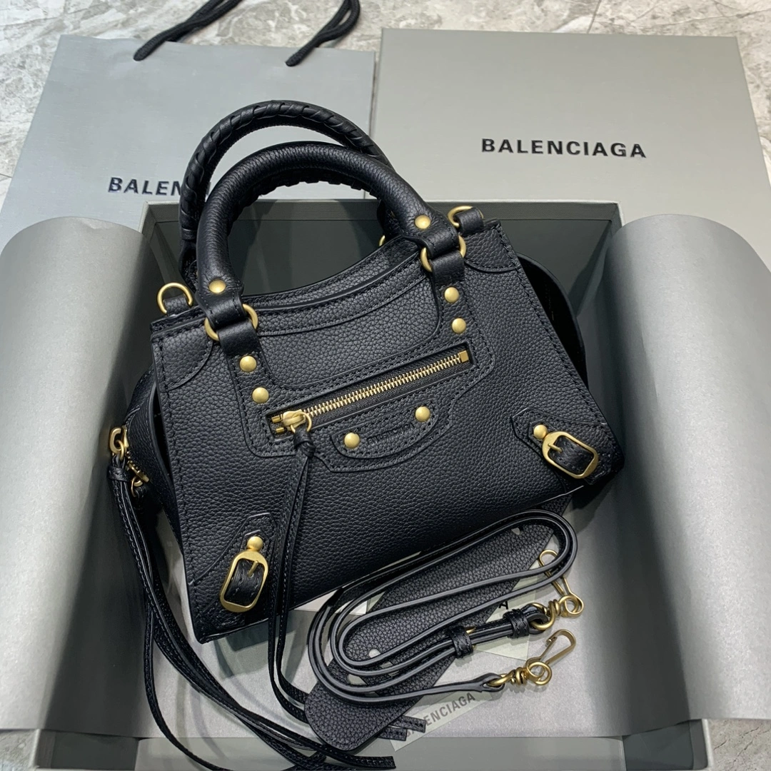GoodFit Balenciaga Neo  Black Litchi Motorcycle Bag with Gold Accents 64661