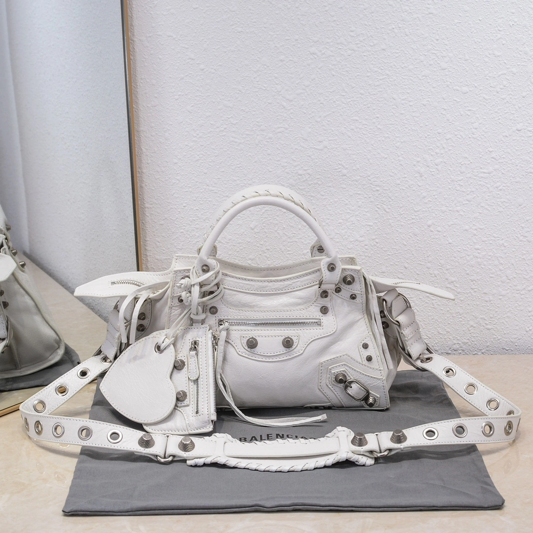 Balenciaga Paris Neo Cagole White Lambskin Motorcycle Bag Breathable 60980