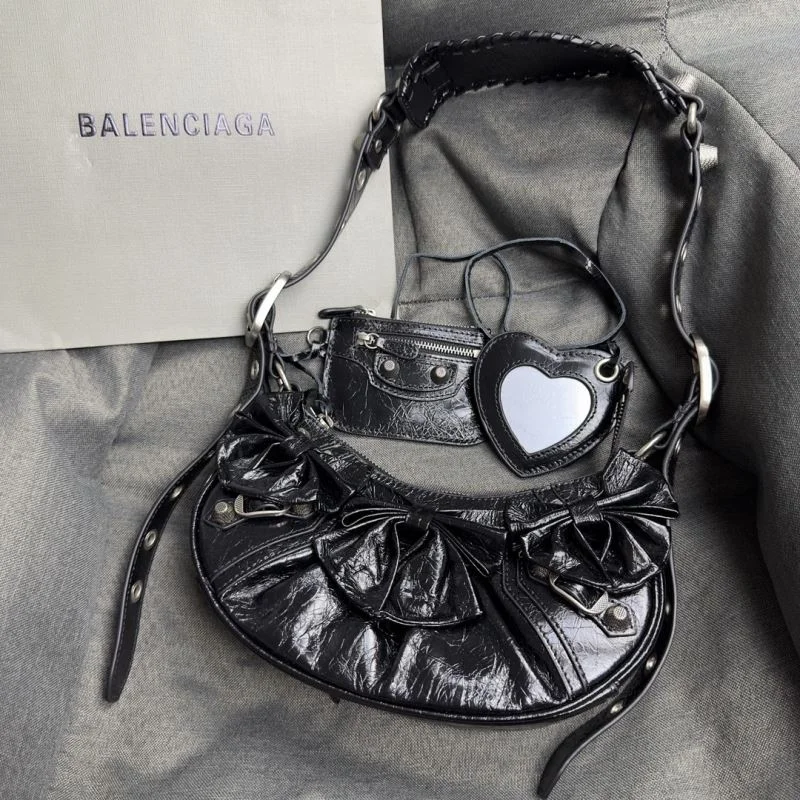 Unique Balenciaga Peach Blossom Black Crackle Half-Moon Dumpling Bag 38373