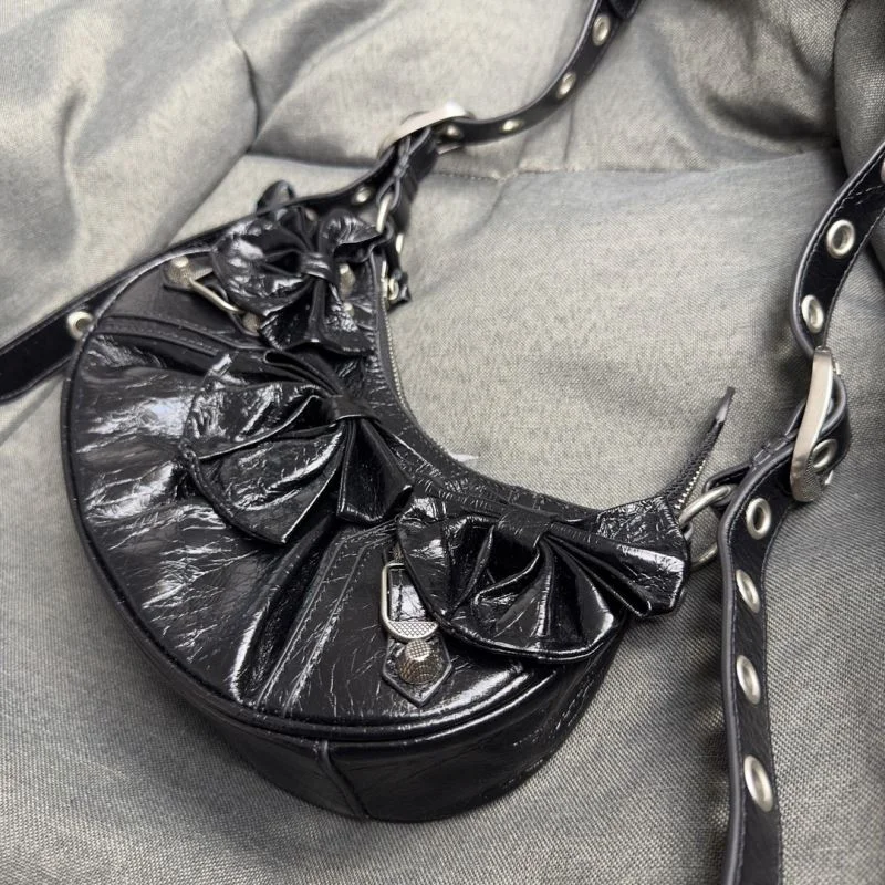 Unique Balenciaga Peach Blossom Black Crackle Half-Moon Dumpling Bag 38373