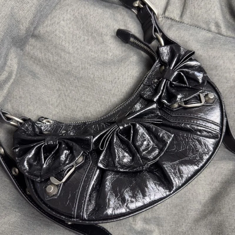 Unique Balenciaga Peach Blossom Black Crackle Half-Moon Dumpling Bag 38373