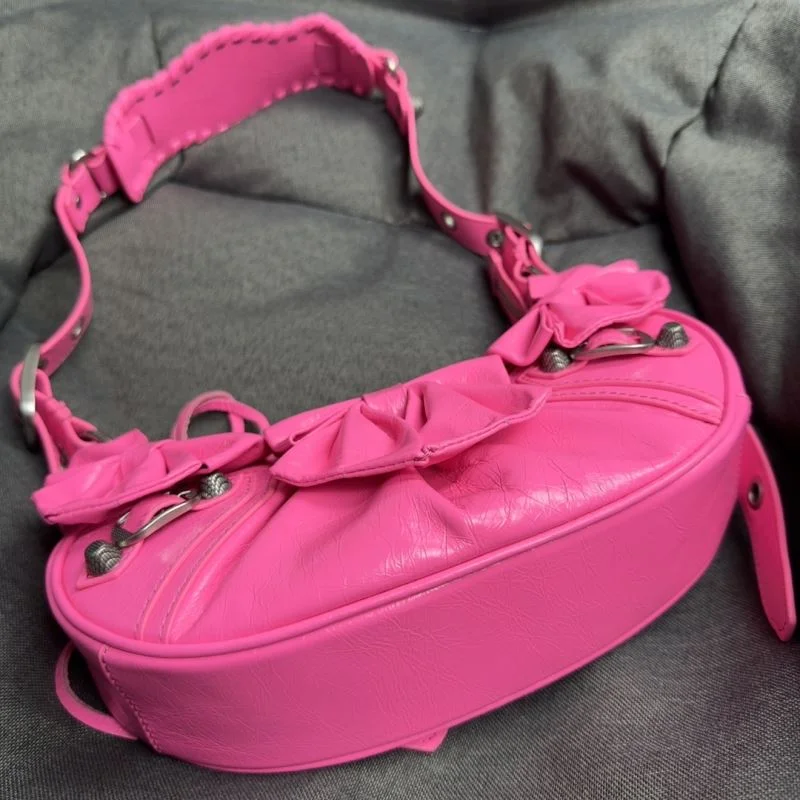 Balenciaga Peach Blossom Red Cracked Leather Half-Moon Dumpling Bag Modern 38341