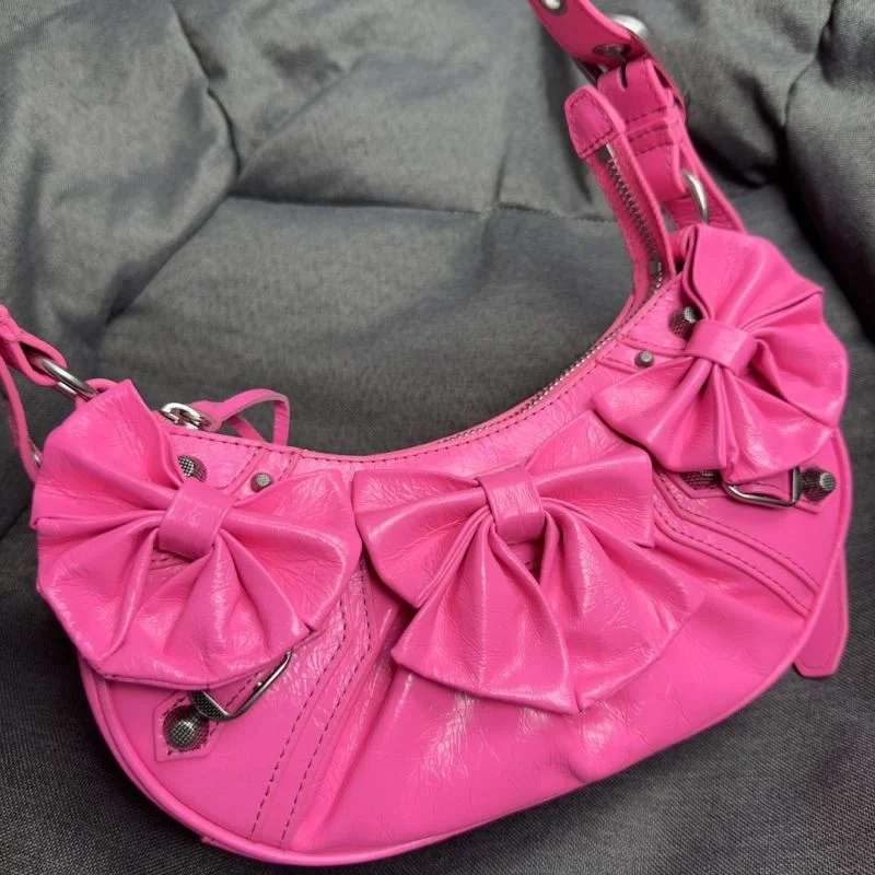 Balenciaga Peach Blossom Red Cracked Leather Half-Moon Dumpling Bag Modern 38341