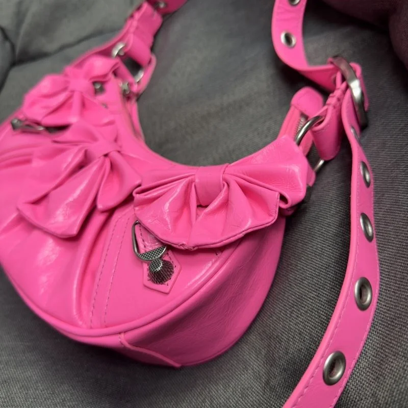 Balenciaga Peach Blossom Red Cracked Leather Half-Moon Dumpling Bag Modern 38341