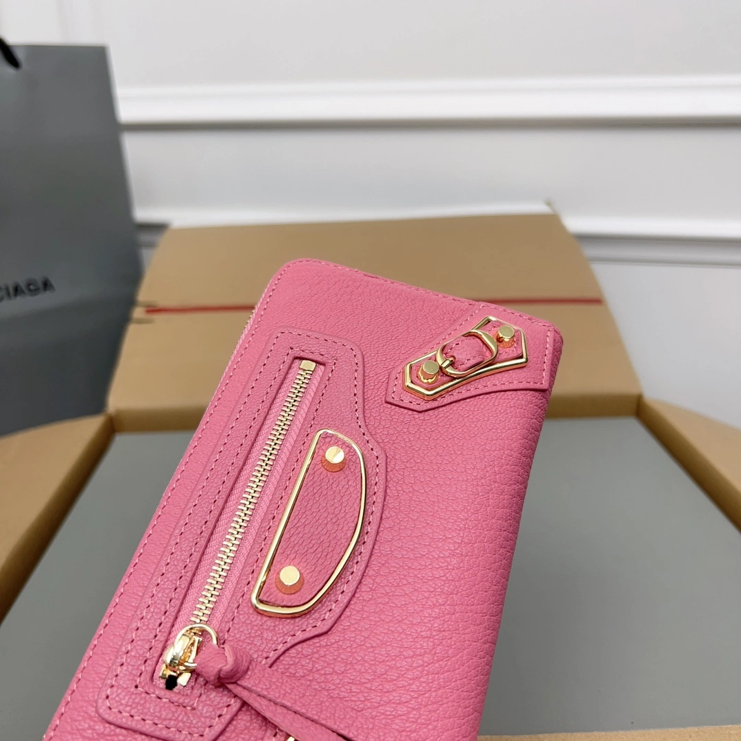 Balenciaga Pink Retro Goat Leather Motorcycle Wallet with Heart Youthful 60837