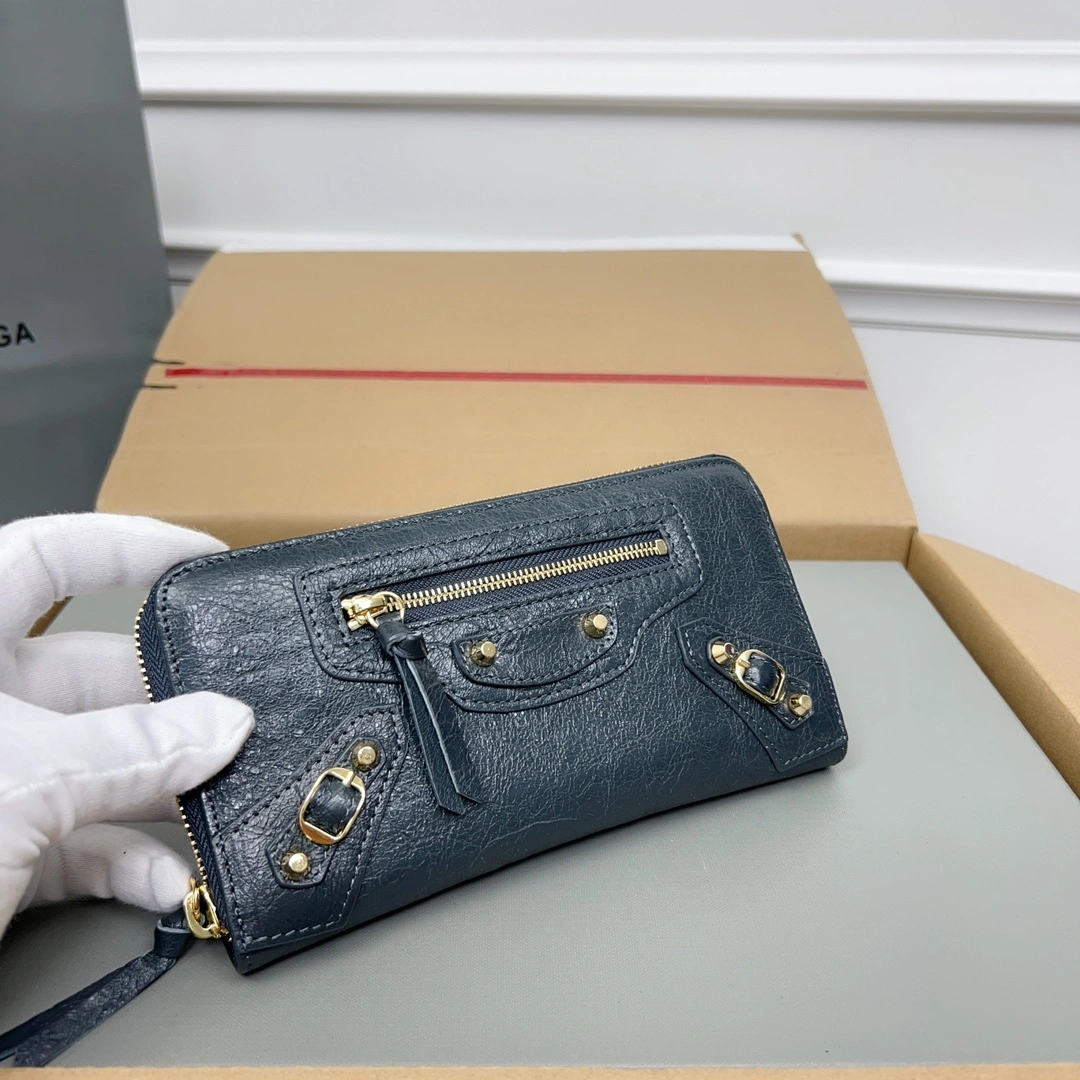 Balenciaga Retro Gray Sheepskin Motorcycle Wallet with Heart Zipper Sporty 60889