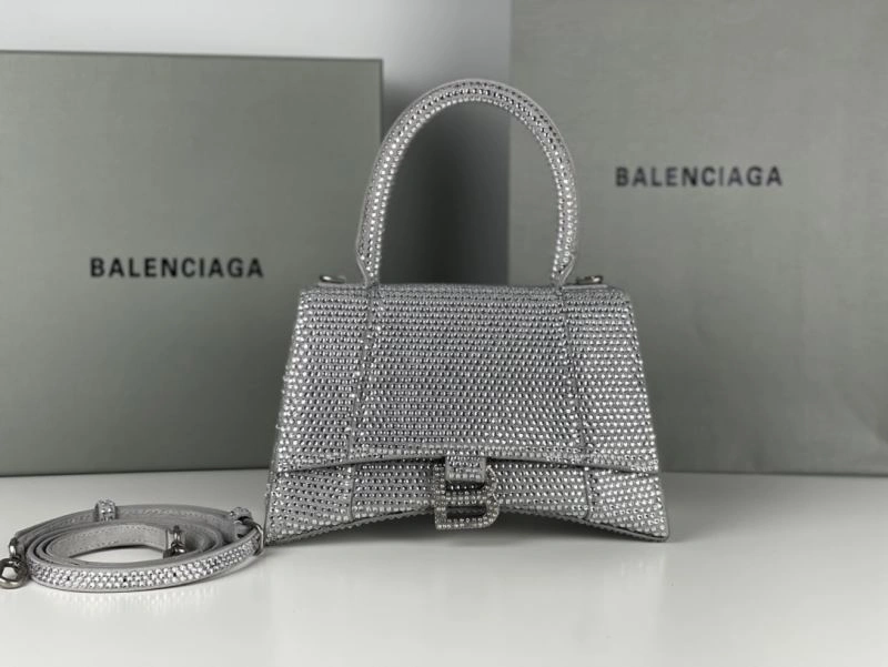 Neat Balenciaga Silver Rhinestone Hourglass Bag with Lambskin Interior 72597
