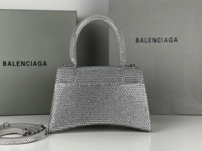 Neat Balenciaga Silver Rhinestone Hourglass Bag with Lambskin Interior 72597