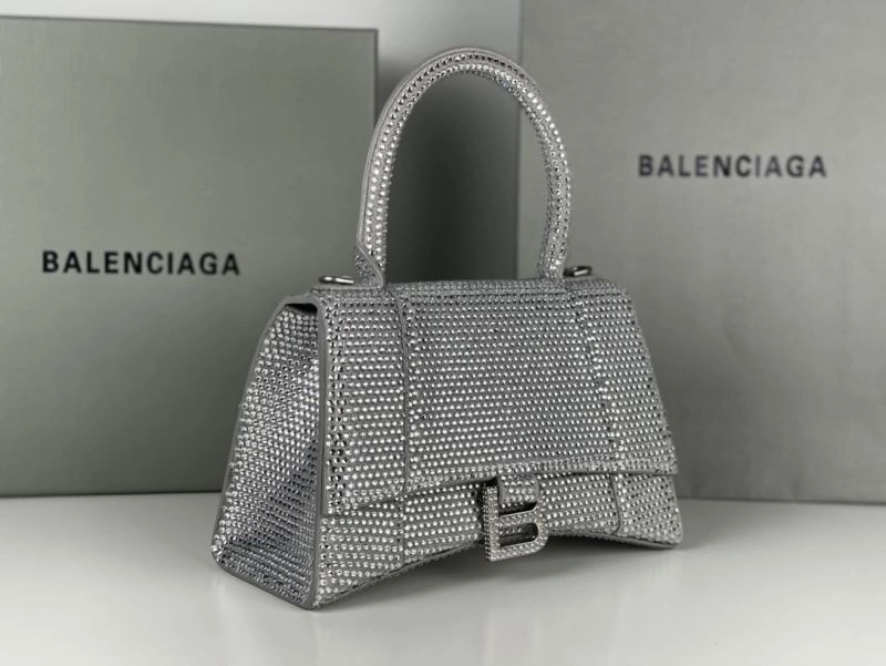 Neat Balenciaga Silver Rhinestone Hourglass Bag with Lambskin Interior 72597