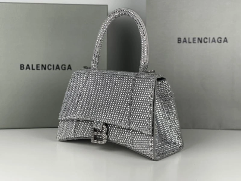 Neat Balenciaga Silver Rhinestone Hourglass Bag with Lambskin Interior 72597