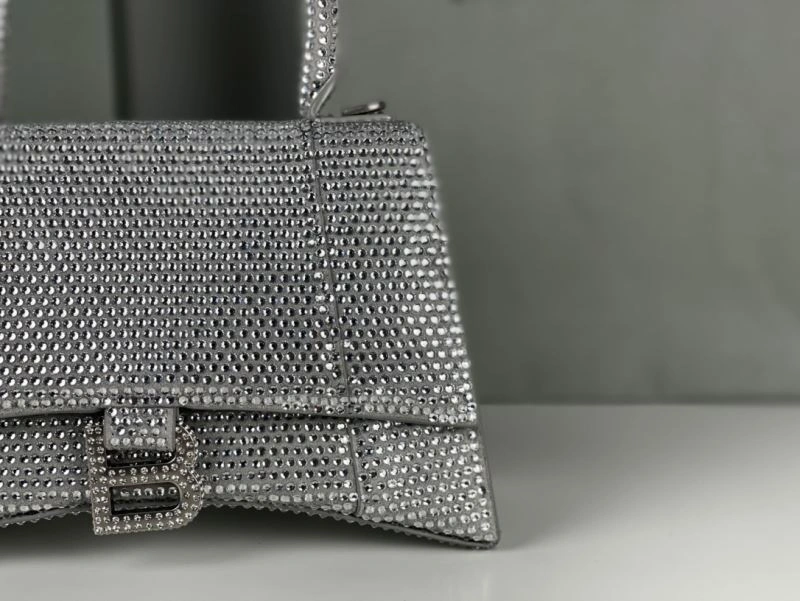Neat Balenciaga Silver Rhinestone Hourglass Bag with Lambskin Interior 72597