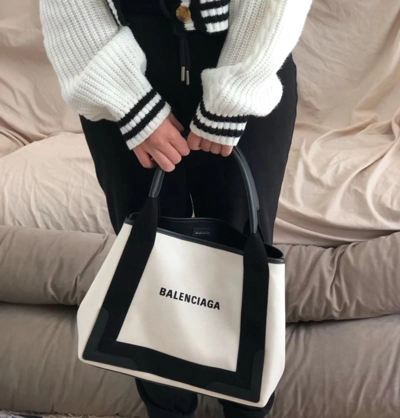 Balenciaga  Navy Canvas Tote with Black Leather Accents Compact 66986