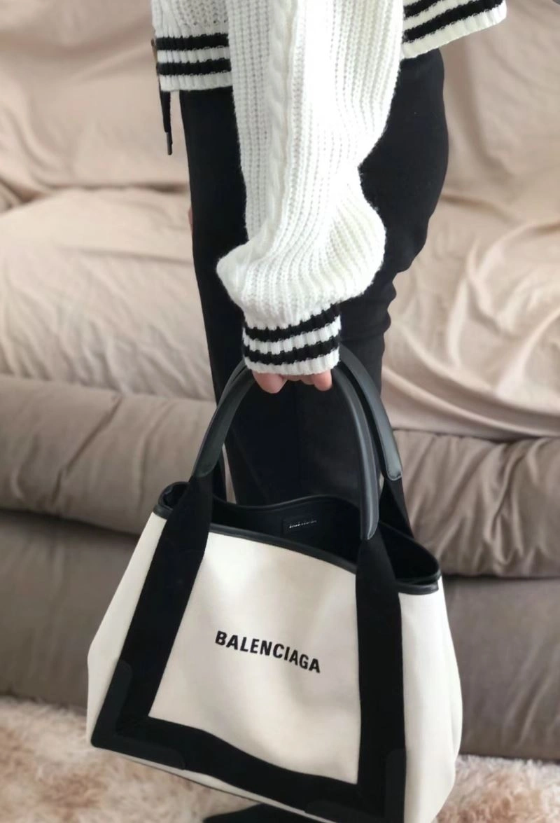 Balenciaga  Navy Canvas Tote with Black Leather Accents Compact 66986