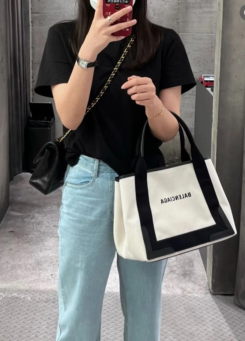 Balenciaga  Navy Canvas Tote with Black Leather Accents Compact 66986