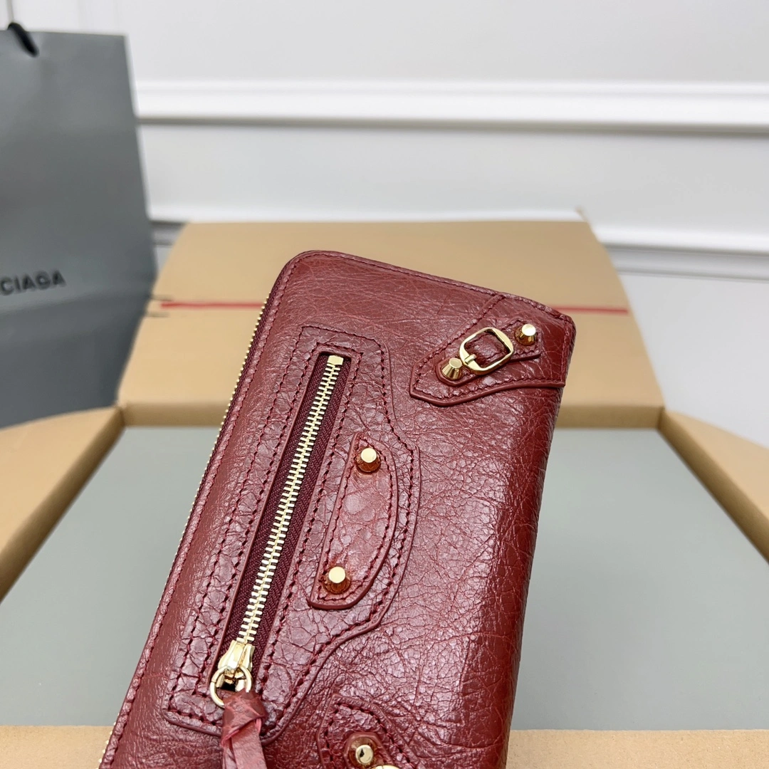 Balenciaga Vintage Burgundy Leather Motorcycle Wallet with Heart Zipper Thermal 64665