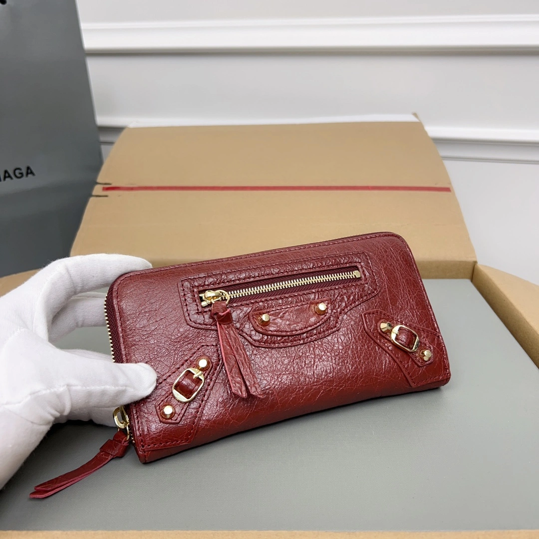 Balenciaga Vintage Burgundy Leather Motorcycle Wallet with Heart Zipper Thermal 64665