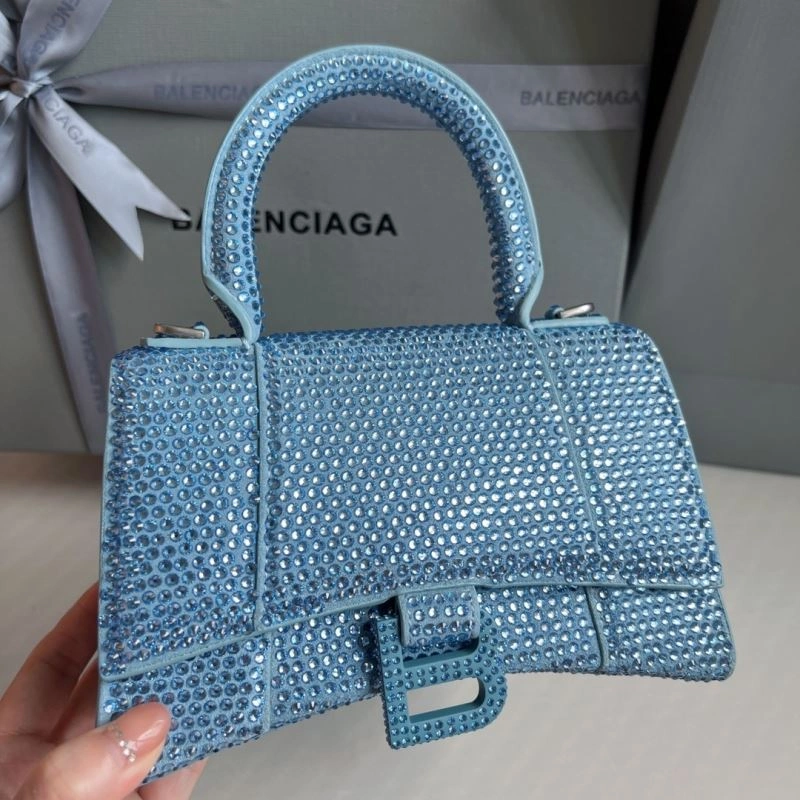Balenciaga Water Blue Rhinestone Hourglass Bag with B-Clasp Affordable 70055