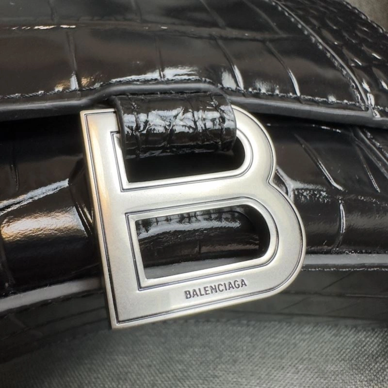 Balenciaga XS Hourglass Bag - Black Silver Crocodile Edition Compact 69977