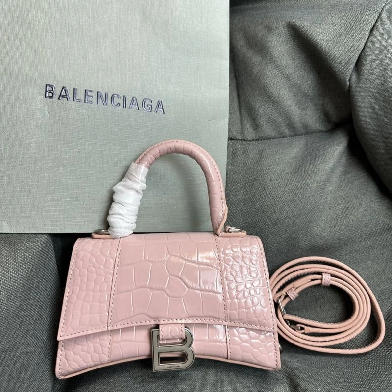 Balenciaga XS Hourglass Blush Crocodile Bag with Silver Buckle Original 69997