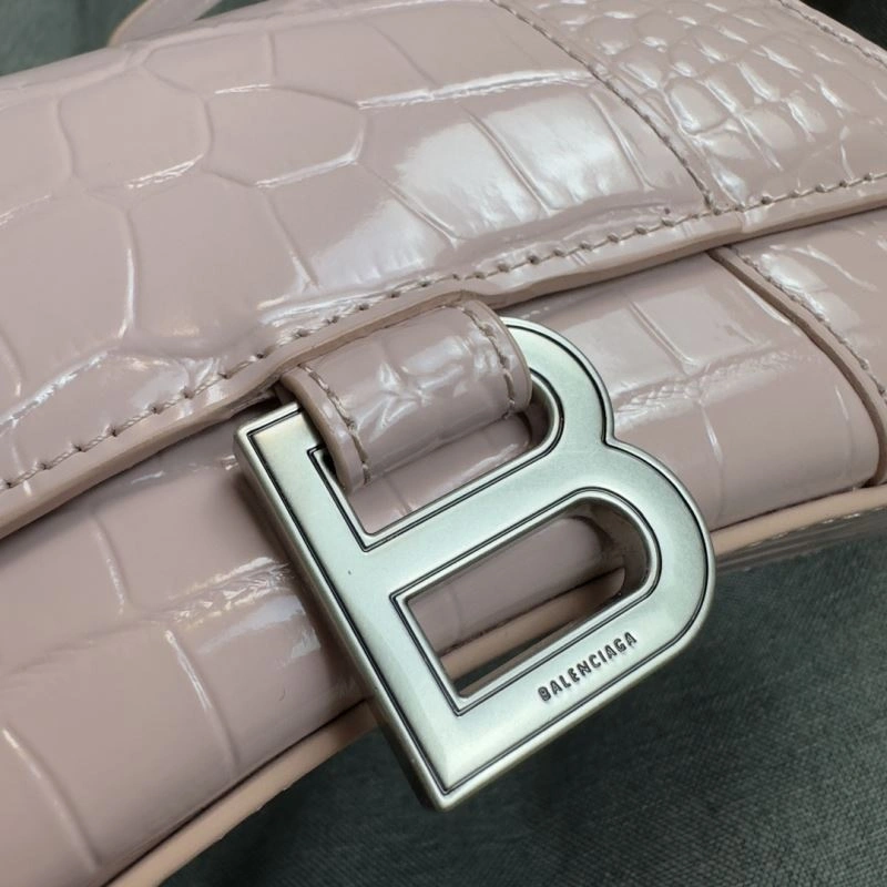 Balenciaga XS Hourglass Blush Crocodile Bag with Silver Buckle Original 69997