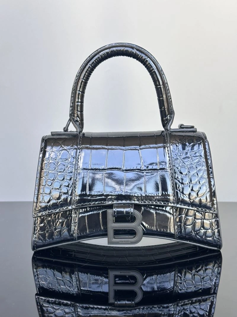 Soft Balenciaga XS Hourglass Crocodile Pattern Leather Bag in Black 72652