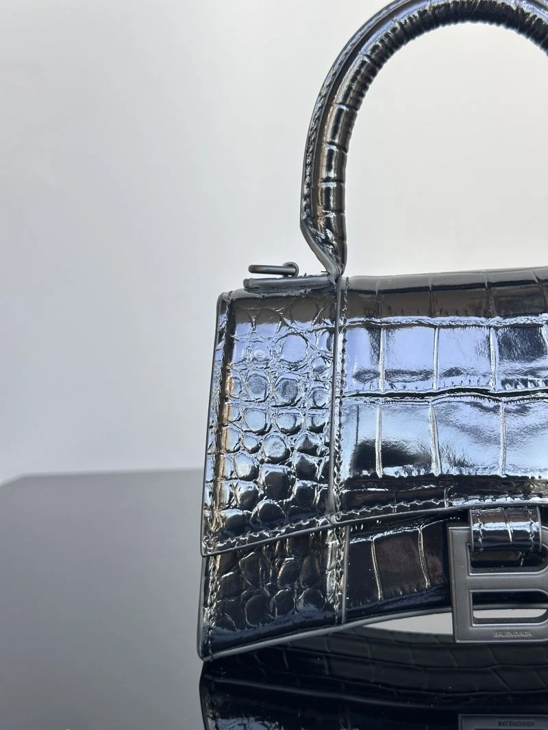 Soft Balenciaga XS Hourglass Crocodile Pattern Leather Bag in Black 72652