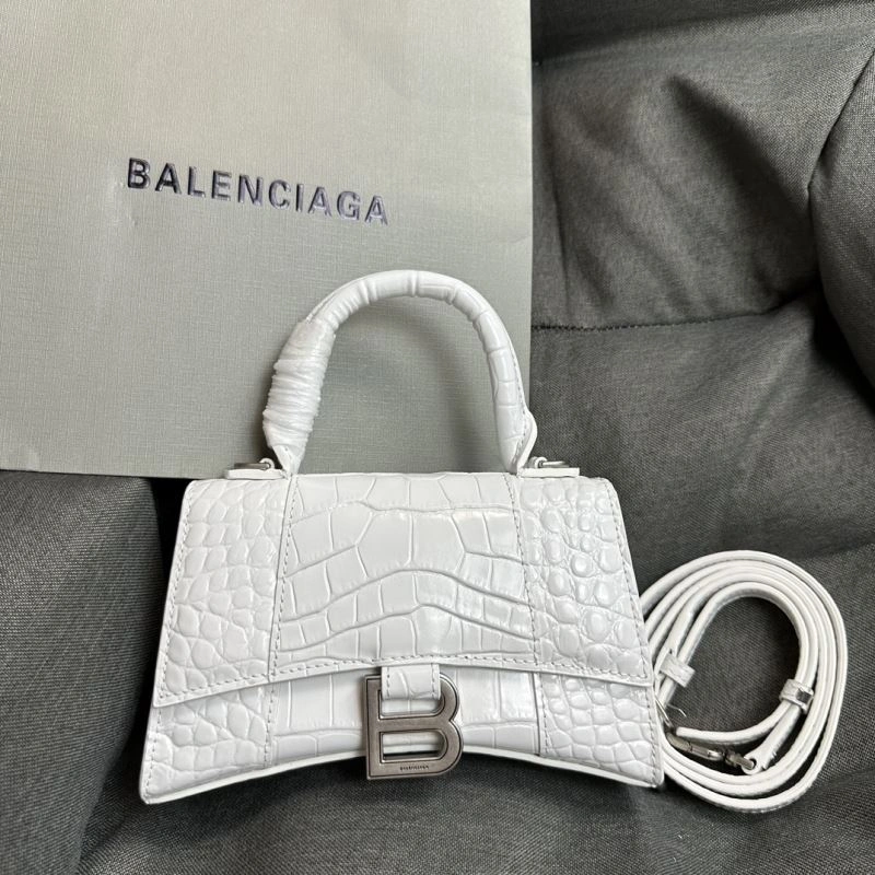 Balenciaga XS Hourglass White Crocodile Bag with Silver Buckle TimelessDesign 69979